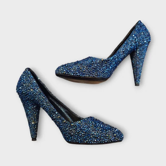 Prada Dark Blue Custom Crystal Tapered Heel Pumps - Picture 3 of 13